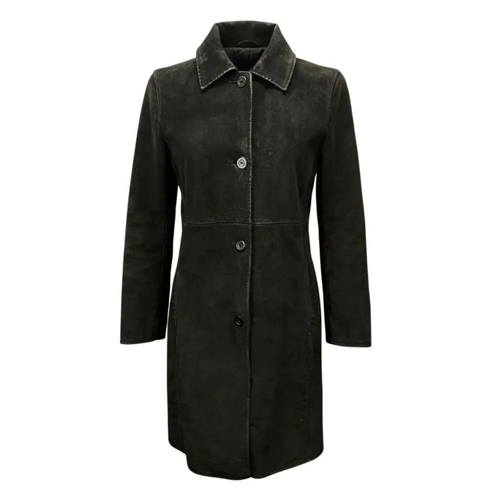 Y2K Brooks Brothers Black Suede Leather Coat Button Front Womens XS S